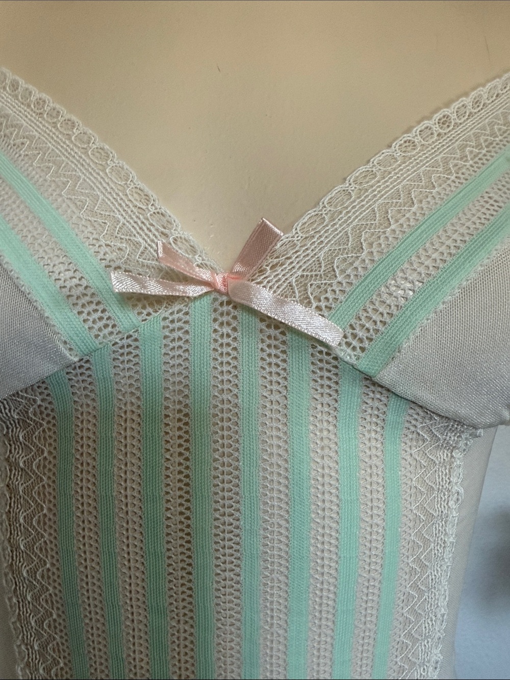 Vintage White Chemise with Mint Stripes and Pink Bows - Picture 4 of 5